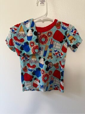 Bamboo Short Sleeve Tee - Red & Light Blue Fun Mickey Snacks Print